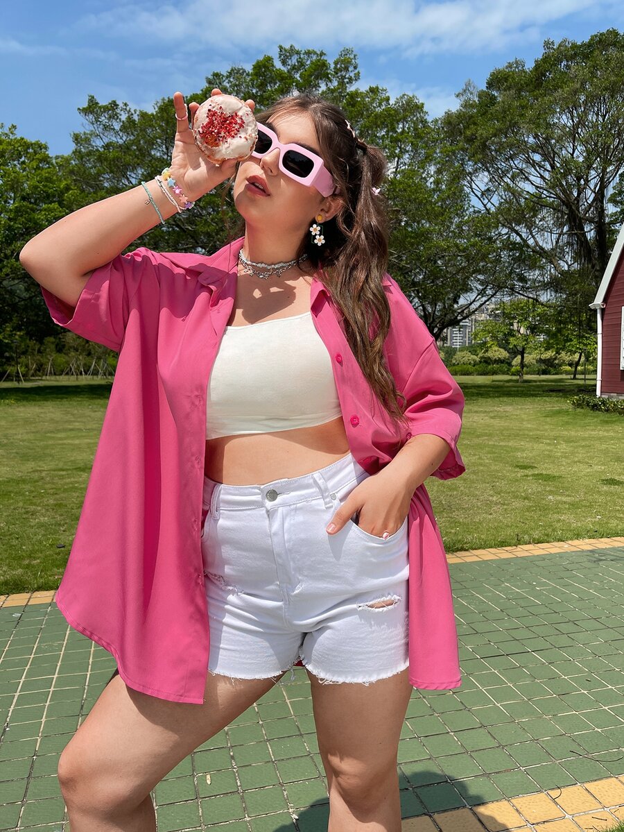 Plus Solid Drop Shoulder Shirt - Hot Pink - View 1