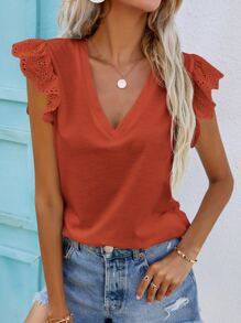 SHEIN Frenchy Camiseta de manga con bordado con ojal escote V - Naranja - Ver 1
