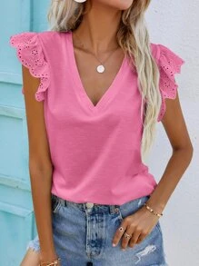 SHEIN Frenchy Eyelet Embroidery Butterfly Sleeve V-Neck Tee - Hot Pink - View 1