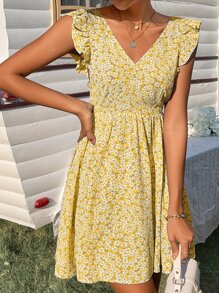 SHEIN Frenchy Ditsy Floral Backless Knot Ruffle Trim Dress - Yellow - View 6
