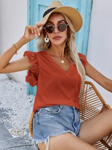 SHEIN Frenchy Camiseta de manga con bordado con ojal escote V - Naranja - Ver 3