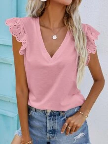 SHEIN Frenchy Blusa con bordado con ojal de manga escote V - Rosa Pálido - Ver 1