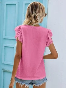 SHEIN Frenchy Eyelet Embroidery Butterfly Sleeve V-Neck Tee - Hot Pink - View 2