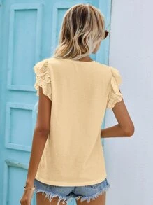 SHEIN Frenchy Blusa con bordado con ojal de manga escote V - Albaricoque - Ver 2