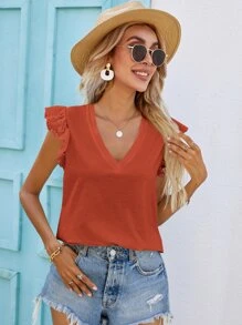SHEIN Frenchy Camiseta de manga con bordado con ojal escote V - Naranja - Ver 4