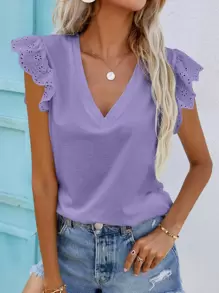 SHEIN Frenchy Camiseta de manga con bordado con ojal escote V - Morado Violeta - Ver 1