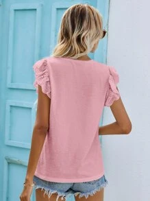 SHEIN Frenchy Blusa con bordado con ojal de manga escote V - Rosa Pálido - Ver 2