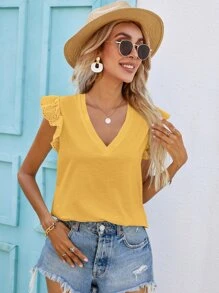 SHEIN Frenchy Camiseta de manga con bordado con ojal escote V - Amarillo - Ver 4