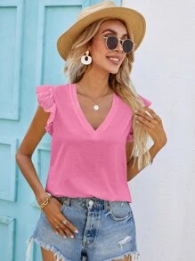 SHEIN Frenchy Eyelet Embroidery Butterfly Sleeve V-Neck Tee - Hot Pink - View 4