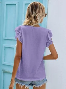 SHEIN Frenchy Camiseta de manga con bordado con ojal escote V - Morado Violeta - Ver 2