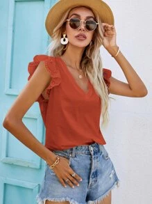 SHEIN Frenchy Camiseta de manga con bordado con ojal escote V - Naranja - Ver 5