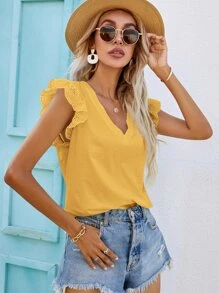 SHEIN Frenchy Camiseta de manga con bordado con ojal escote V - Amarillo - Ver 5