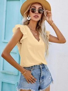 SHEIN Frenchy Blusa con bordado con ojal de manga escote V - Albaricoque - Ver 5