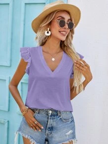SHEIN Frenchy Camiseta de manga con bordado con ojal escote V - Morado Violeta - Ver 4