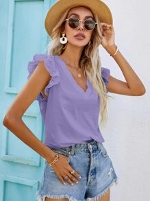 SHEIN Frenchy Camiseta de manga con bordado con ojal escote V - Morado Violeta - Ver 5