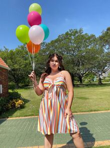 Plus Colourful Striped Tie Front Shirred Back Cami Dress - Multicolor - View 3