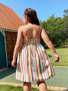 Plus Colourful Striped Tie Front Shirred Back Cami Dress - Multicolor - View 4