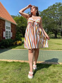 Plus Colourful Striped Tie Front Shirred Back Cami Dress - Multicolor - View 5