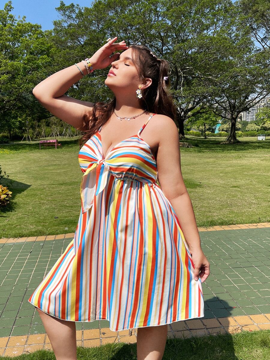 Plus Colourful Striped Tie Front Shirred Back Cami Dress - Multicolor - View 1