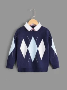 Toddler Boys Geo Pattern Contrast Collar Jumper - Navy Blue - View 1