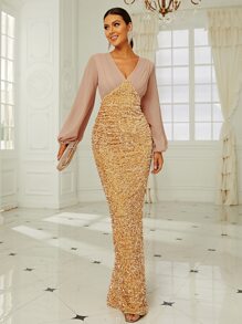 Missord Đầm ghép mộng kim sa Khối Màu Hấp dẫn - Vàng - Xem 1