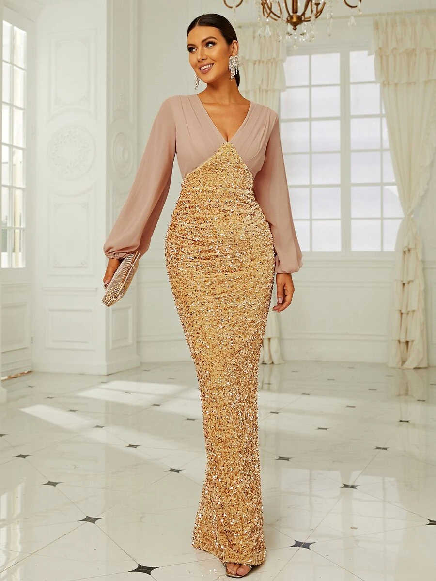 Missord Đầm ghép mộng kim sa Khối Màu Hấp dẫn - Vàng - Xem 1