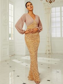 Missord Đầm ghép mộng kim sa Khối Màu Hấp dẫn - Vàng - Xem 5