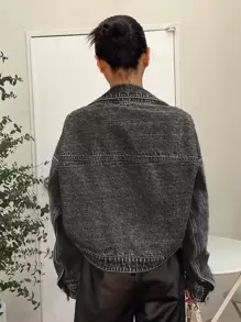 SHEIN x PRISCILA & JIMENA DAZY Drop Shoulder Asymmetrical Hem Denim Jacket,Fall Clothes - Black - View 4