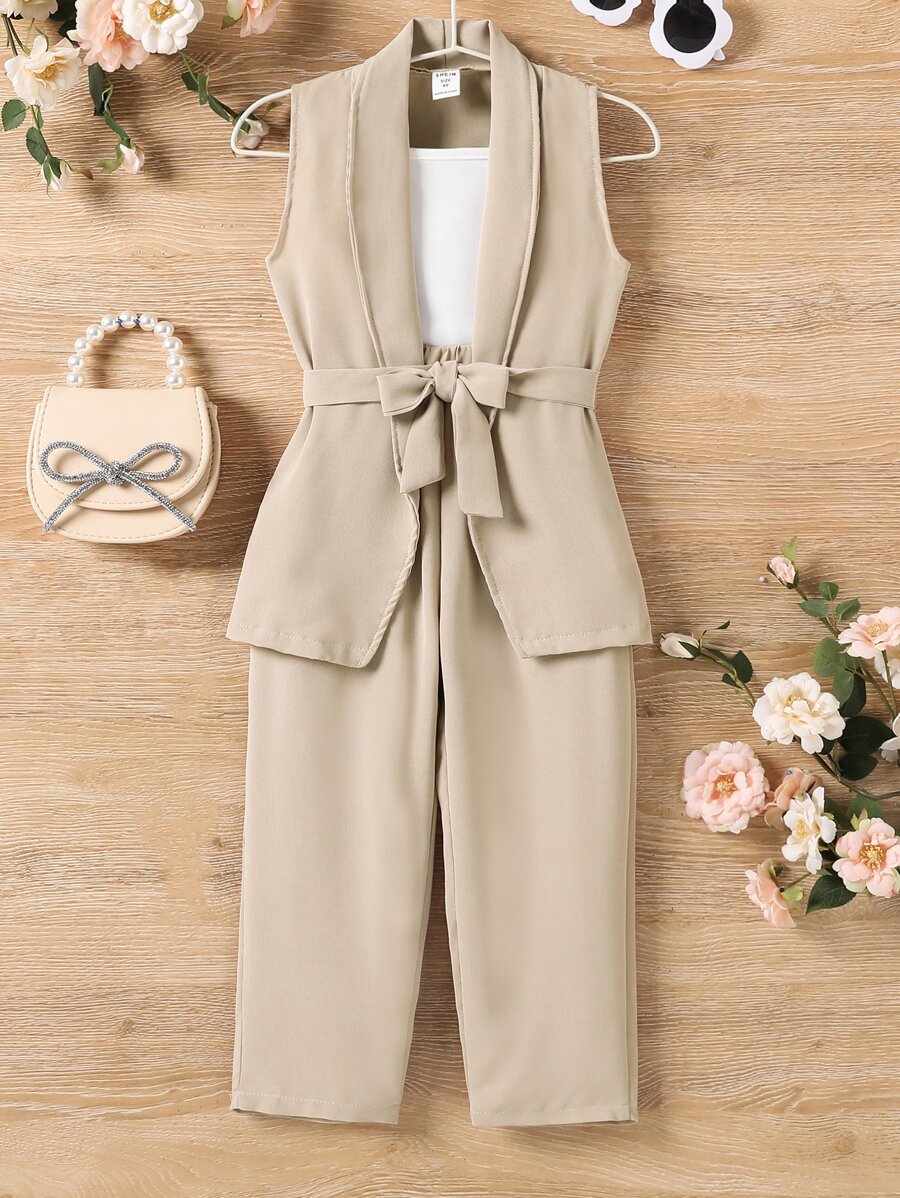 Toddler Girls Shawl Neck Belted Vest Blazer & Cami Top & Pants - Khaki - View 1