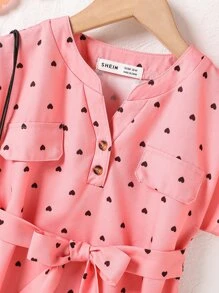 Meninas pequenas Vestido com cinto Impressão de coração em todas as partes Manga dolman