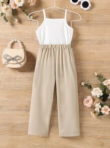 Toddler Girls Shawl Neck Belted Vest Blazer & Cami Top & Pants - Khaki - View 4