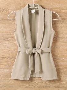 Toddler Girls Shawl Neck Belted Vest Blazer & Cami Top & Pants - Khaki - View 6