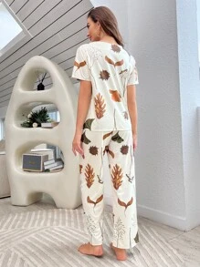 Plant Print Tie Front PJ Set / Pajama Set - Beige - View 2