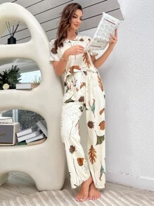 Plant Print Tie Front PJ Set / Pajama Set - Beige - View 5