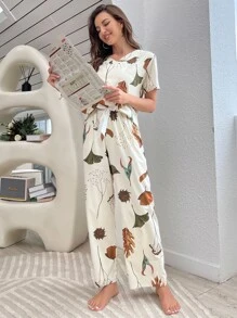 Plant Print Tie Front PJ Set / Pajama Set - Beige - View 6