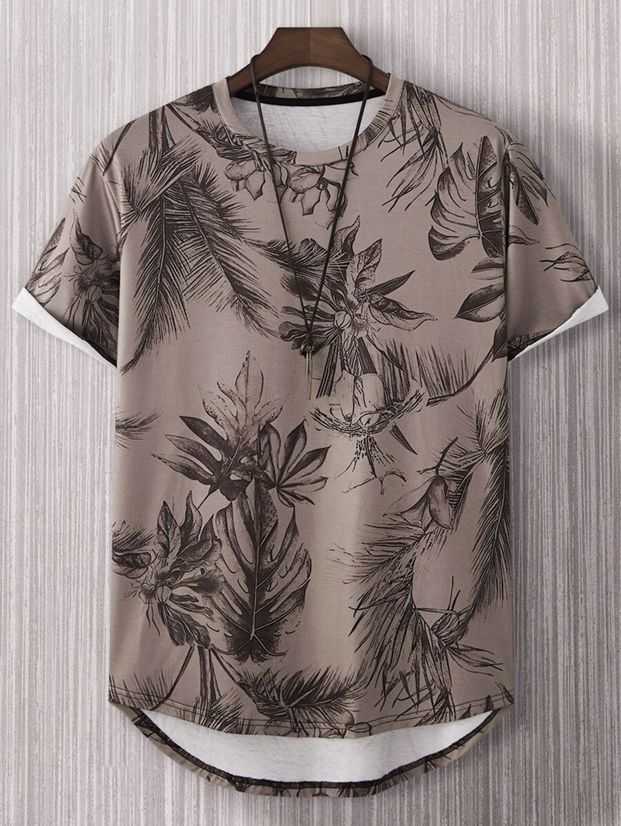 Manfinity RSRT Tops Nam Cao thấp Nhiệt đới In ngẫu nhiên Kỳ nghỉ - Màu Khaki - Xem 1