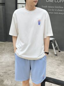 Manfinity RebelGame Men Beverage Print Drop Shoulder Tee & Drawstring Waist Shorts - Blue and White - View 1