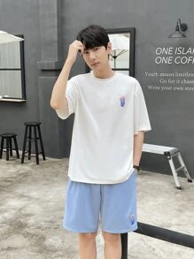 Manfinity RebelGame Men Beverage Print Drop Shoulder Tee & Drawstring Waist Shorts - Blue and White - View 4