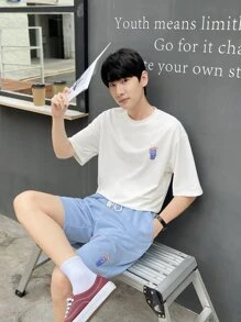 Manfinity RebelGame Men Beverage Print Drop Shoulder Tee & Drawstring Waist Shorts - Blue and White - View 5