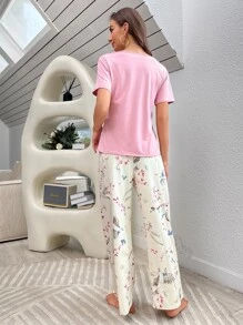 Bird & Floral Print Tie Front PJ Set / Pajama Set - Multicolor - View 2