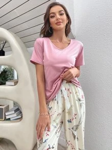 Bird & Floral Print Tie Front PJ Set / Pajama Set - Multicolor - View 5