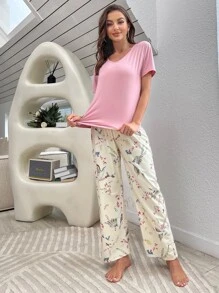 Bird & Floral Print Tie Front PJ Set / Pajama Set - Multicolor - View 6