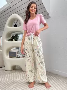 Bird & Floral Print Tie Front PJ Set / Pajama Set - Multicolor - View 1