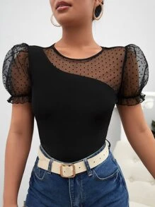 SHEIN Privé Áo thun nữ Tương phản Mesh viền lá sen cắt Chấm bi Giải trí - màu đen - Xem 1