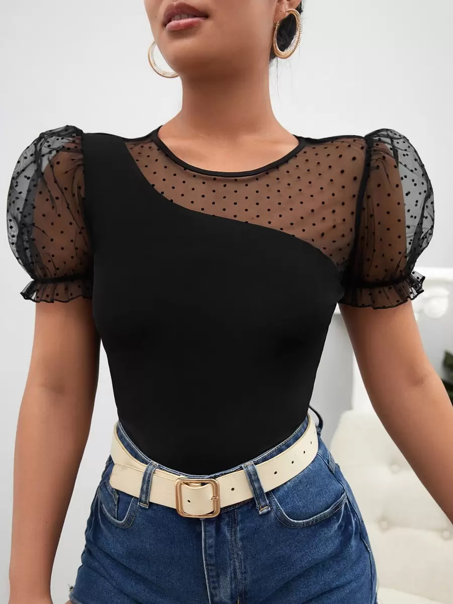 SHEIN Privé Áo thun nữ Tương phản Mesh viền lá sen cắt Chấm bi Giải trí - màu đen - Xem 1