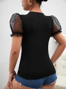 SHEIN Privé Áo thun nữ Tương phản Mesh viền lá sen cắt Chấm bi Giải trí - màu đen - Xem 2