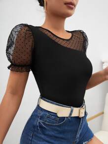 SHEIN Privé Áo thun nữ Tương phản Mesh viền lá sen cắt Chấm bi Giải trí - màu đen - Xem 3