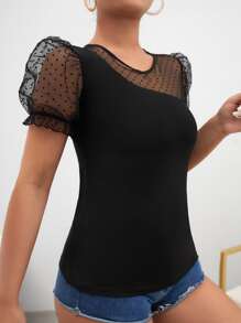 SHEIN Privé Áo thun nữ Tương phản Mesh viền lá sen cắt Chấm bi Giải trí - màu đen - Xem 4