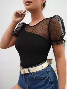 SHEIN Privé Áo thun nữ Tương phản Mesh viền lá sen cắt Chấm bi Giải trí - màu đen - Xem 5