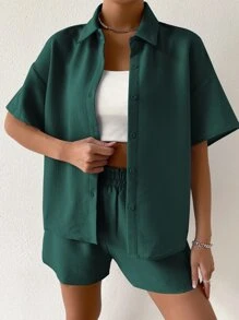 SHEIN Unity Solid Drop Shoulder Shirt & Shorts Set - Dark Green - View 1